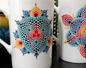 Original OOAK Art Coffee Tea Hot Cocoa Custom Hand Painted Mandala Sacred Geometry Mugs Colorful Rainbow Dotted  Cup Set of 6