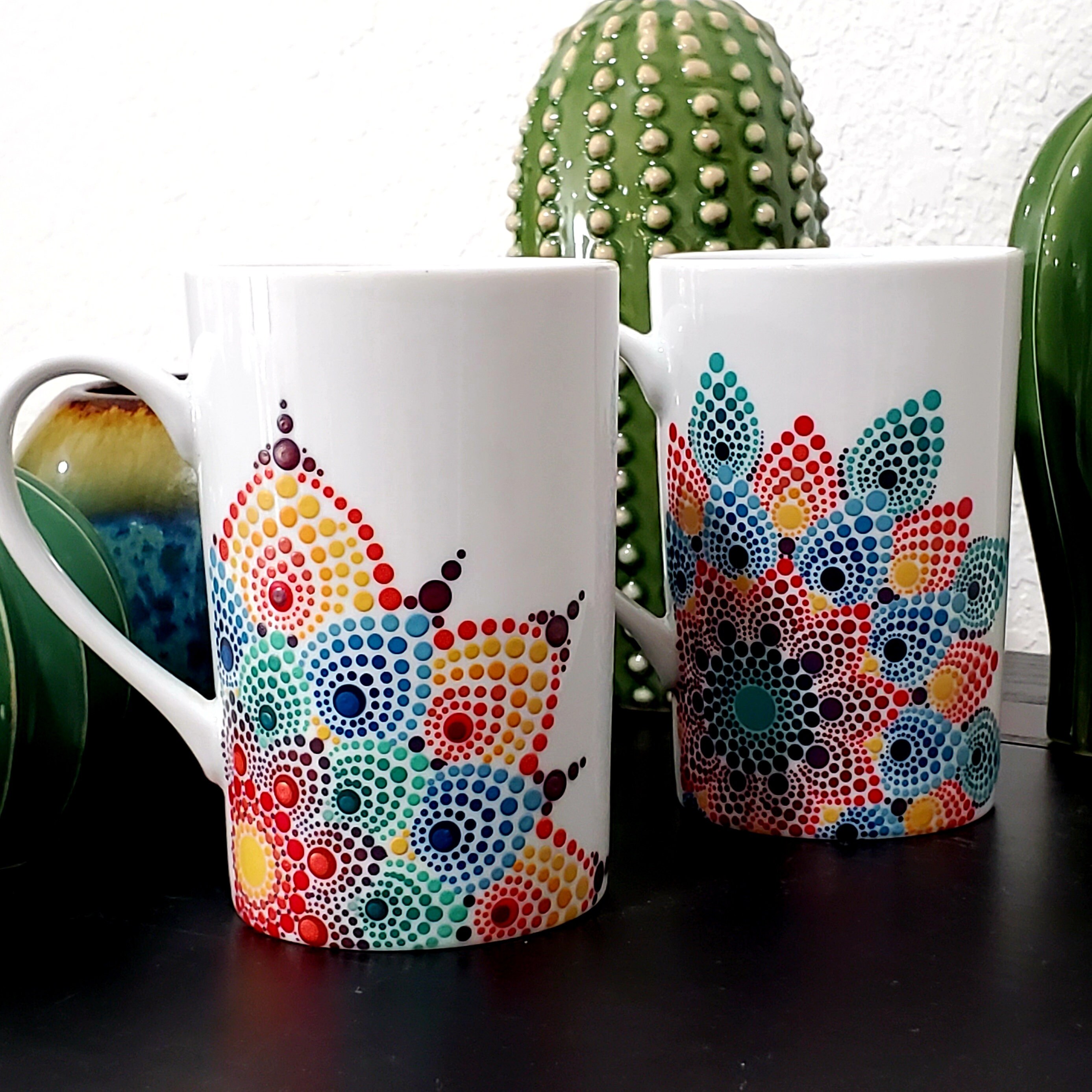 Original OOAK Art Coffee Tea Hot Cocoa Custom Hand Painted Mandala Sacred Geometry Mugs Colorful Rainbow Dotted  Cup Set of 6