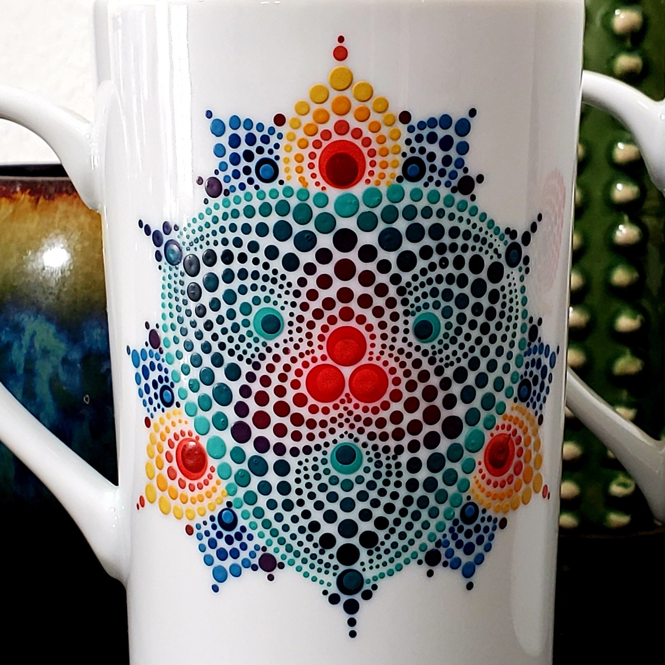 Original OOAK Art Coffee Tea Hot Cocoa Custom Hand Painted Mandala Sacred Geometry Mugs Colorful Rainbow Dotted  Cup Set of 6