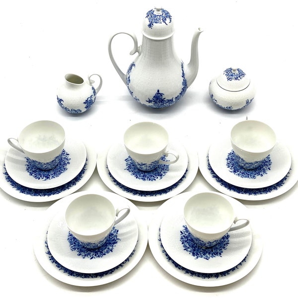 Art Nouveau Rosenthal "Romanze Benares" Blue & White Porcelain Espresso Service for 5 Persons Made in Germany, 60s