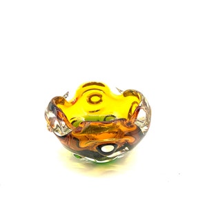 Retro Crystal Green and Yellow Cigarette Ashtray / Cigar Ashtray, 70s