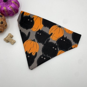 Halloween Cat Bandana Personalized (Over the Collar) - Halloween Cats on Gray Cat Bandana | Halloween Cat Bandana | Horror Cat Bandana