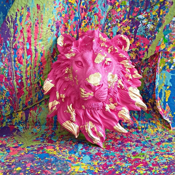 hot pink lion head,lion wall decor,unique animal wall decor,wall art,neon animal wall art,pop art wall decor,pink decor,eclectic wall decor