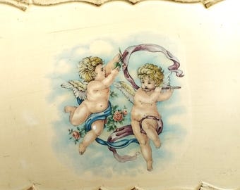 Vintage Florentine tray. 90s shabby chic wooden off-white Florentine tray. Decoupage decorated serving platter from Florence, Italy