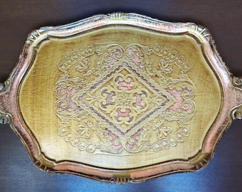 Large Florentine Decorative Rectangular Gilt Tray. Traditional wooden serving platter with handles Vintage 70s. Hand-made