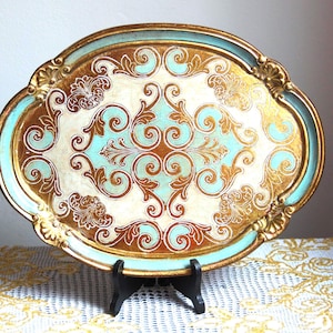 Florentine gilt oval wooden tray, handcrafted serving platter, decorated light-blue vanity tray, tea-coffee tray