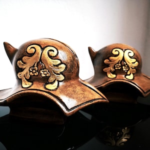 Wooden & Gilt Lacquered Helmet Bookends | Medieval Desk Decor | Heavy Paperweight Sculptures