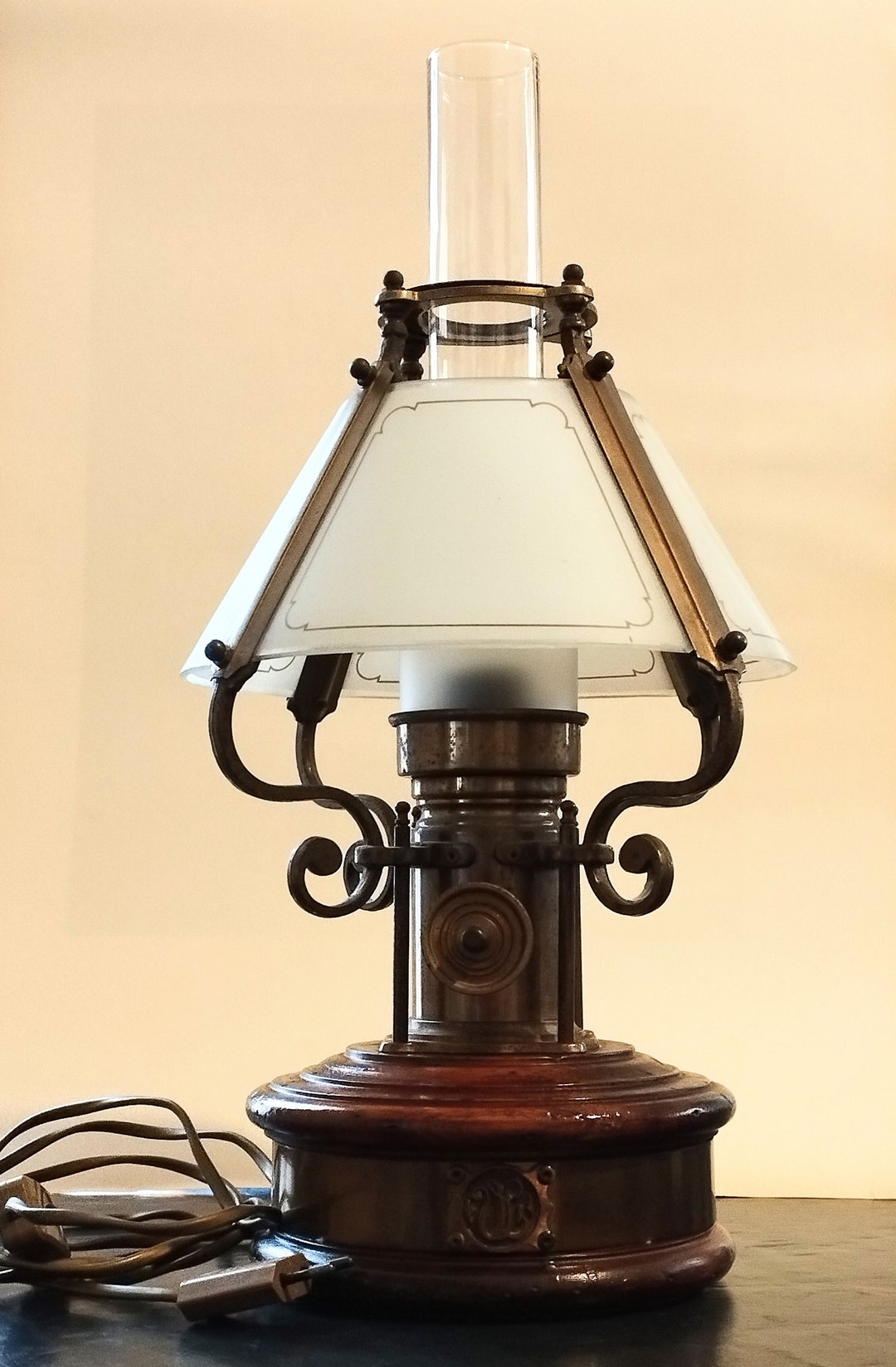 Unique Vintage Naval Brass Lamp Wooden Base With Glass Lamp Etsy