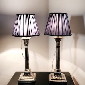 Antique Victorian pair of Neoclassical Corinthian column candelabras/lamp bases with lamp shades in Sterling Silver by James Dixon