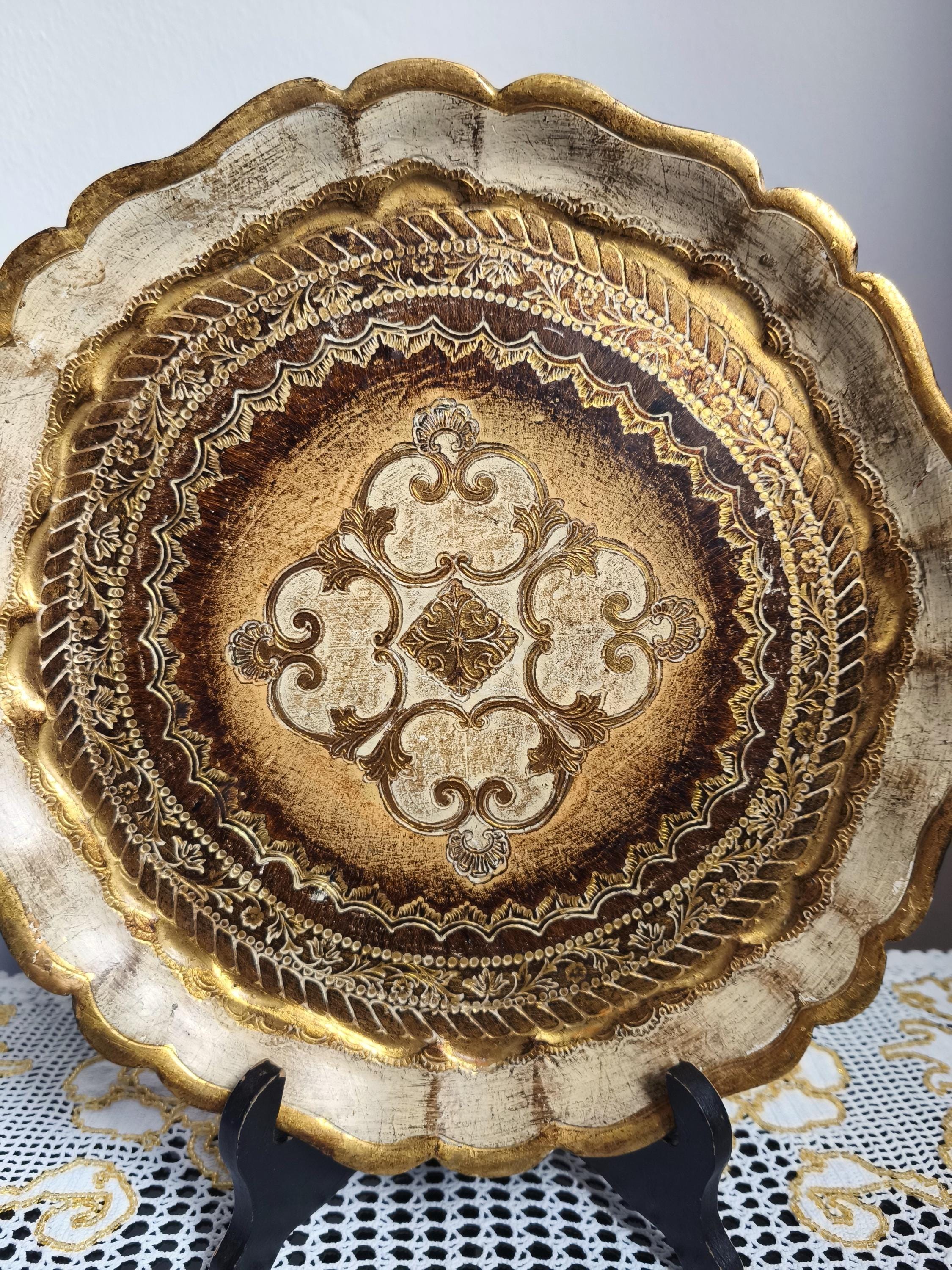 Vintage Florentine Tray: Large Round Floral Serving Platter, 80s. Hand ...