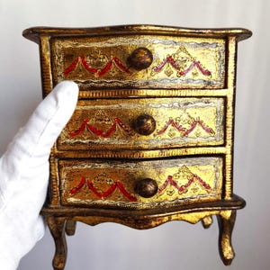 Vintage 80s handmade wooden jewellery box decorated in Florentine Medival style. Wooden dresser 3 drawers Italian chest