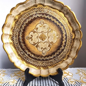 Vintage Florentine Tray: Large Round Floral Serving Platter, 80s. Hand made in Italy