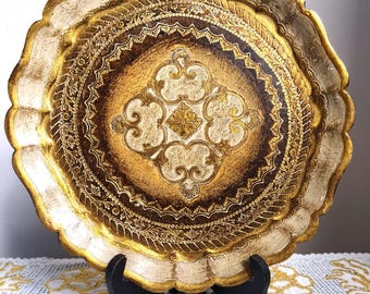 Vintage Florentine Tray: Large Round Floral Serving Platter, 80s. Hand made in Italy