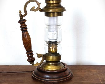 Vintage Nautical Brass Wood Glass Table Lamp, Maritime Lantern Style Desk Light