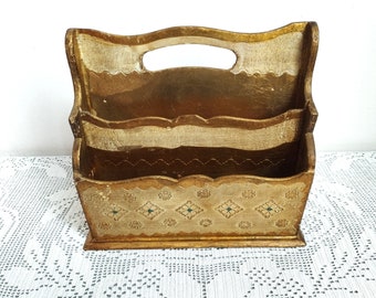 Porta cartas florentino de madera dorada con 4 compartimentos, accesorio de escritorio italiano vintage, decoración de oficina en casa