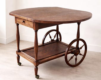 Carrito de té plegable de madera de castaño vintage, carrito de bar plegable, carrito de servicio rústico