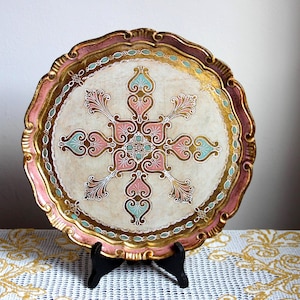 Florentine Gilt Wooden Tray: Handcrafted Pink Vanity Serving Platter