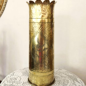 1942 WWII Brass Shell Casing Vase, Hand-Hammered Rose Engraving, Trench Art Decor