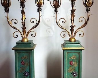 Bougeoirs vintage italiens en émeraude : pieds en fer forgé et en bois décoré