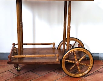 Carrito de servicio vintage italiano de madera de olivo y castaño, carrito de bar de mediados de siglo (3 ruedas)