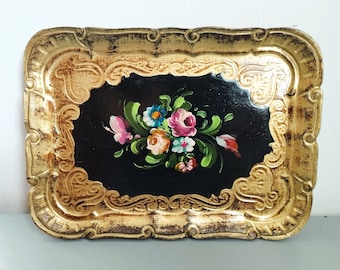 Vintage 80s Italian Decorative Gilded Wooden Serving Centerpiece tray. Traditional Floral Design. Hand-made