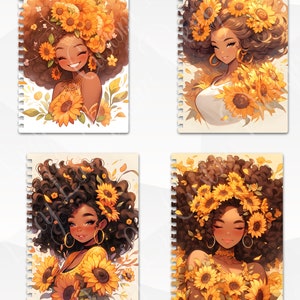 Puede incluir: Cuatro diseños diferentes de cuadernos de espiral con una mujer de piel morena y cabello castaño rizado que lleva una corona de girasoles. El fondo es de color amarillo claro con un patrón floral.
