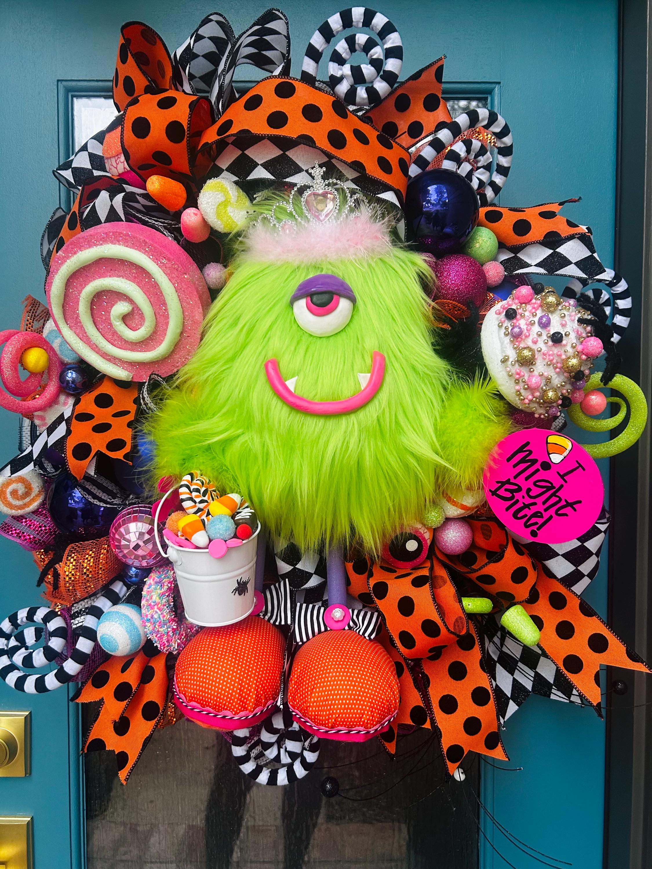 Wreath halloween not scary whimsical front door decor bright colorful Halloween