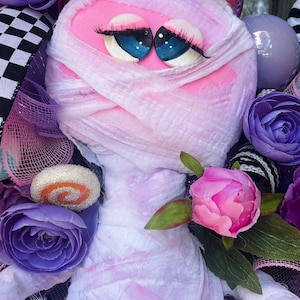 Wreath halloween mummy pink door decor not spooky Halloween whimsical floral custom mummy attachment pink Halloween wreath
