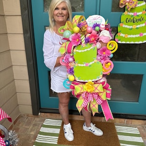 Wreath birthday celebration yellow front door decor birthday cake floral decoration