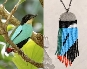 Azure Breasted Pitta bird beaded inspired necklace with fringe