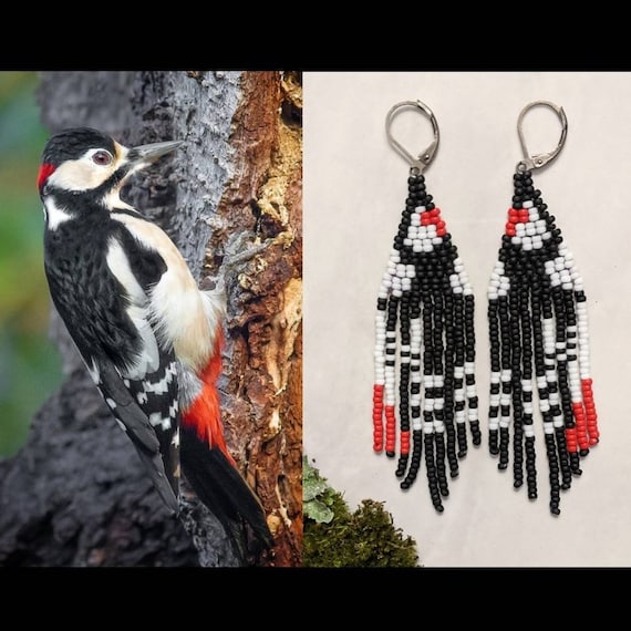 Woodpecker Inspired Abstract Beaded Earrings With Fringe nickel