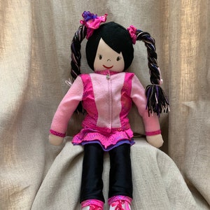 Hand made Rag Doll dressed to ice skate with leggings, skirt, Jacket & skates Buy the doll match your outfit at Skate And Shine