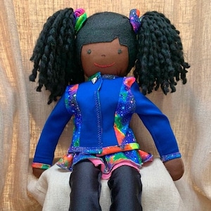Handmade Rag Doll dressed to ice skate with leggings, skirt, Jacket & skates Buy the doll match your outfit at Skate And Shine