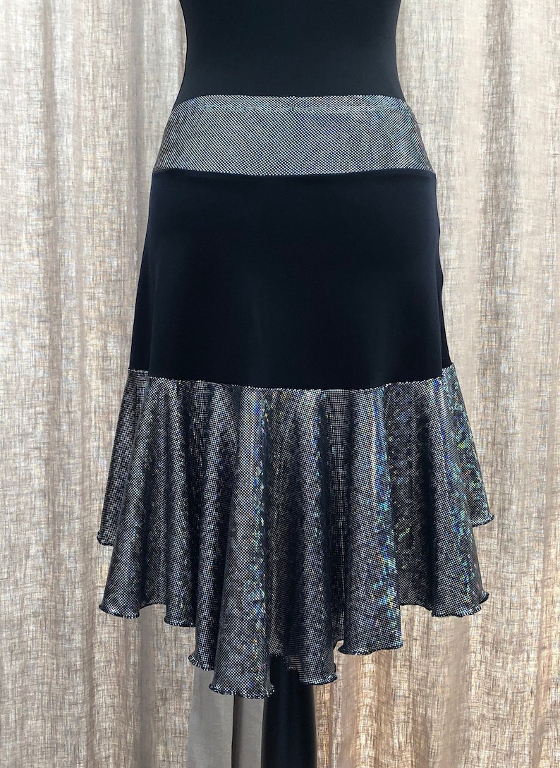 Elegant fishtail style black /& silver ice dance skirt with integral pants and hem edged in metallic thread Adult size 10