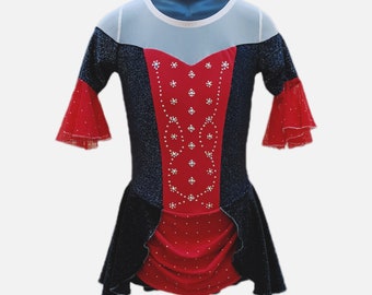 Belle robe de patinage artistique scintillante en velours pailleté noir et lycra rouge avec décoration en strass. Enfant 8-10 ans