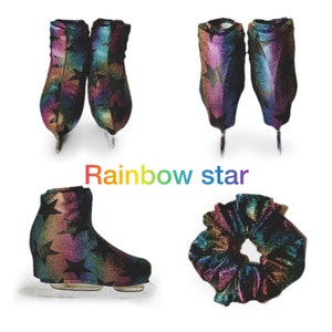 May include: A pair of black ice skate boot covers with a rainbow and black star pattern. The covers are shown in three different angles. The text "Rainbow star" is written in rainbow colors below the image.