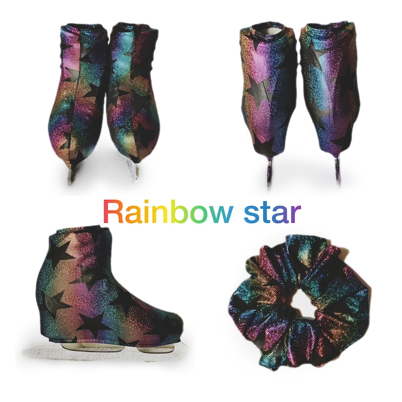 May include: A pair of black ice skate boot covers with a rainbow and black star pattern. The covers are shown in three different angles. The text "Rainbow star" is written in rainbow colors below the image.