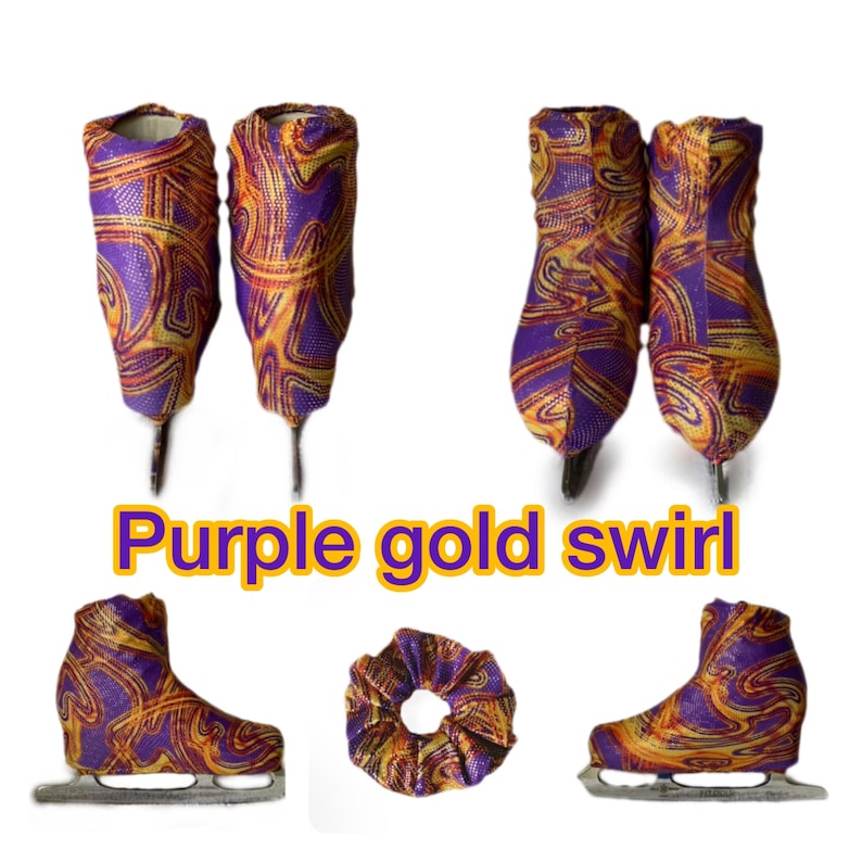 May include: Purple and gold swirl ice skate covers with a matching hair scrunchie. The covers are made of a stretchy fabric with a swirling pattern.