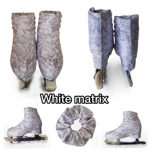 May include: White lace skate boot covers with a geometric pattern. The covers are shown on roller skates and ice skates. The text "White matrix" is visible in the image.