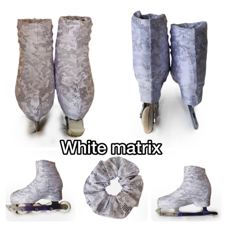 May include: White lace skate boot covers with a geometric pattern. The covers are shown on roller skates and ice skates. The text "White matrix" is visible in the image.