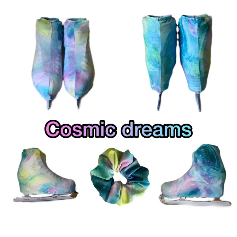 May include: A set of ice skate covers with a tie-dye pattern in shades of blue, pink, and yellow. The covers are made of a soft, stretchy fabric and are designed to protect your skates from damage. The set also includes a matching hair scrunchie. "Cosmic dreams" is written in pink and blue letters.