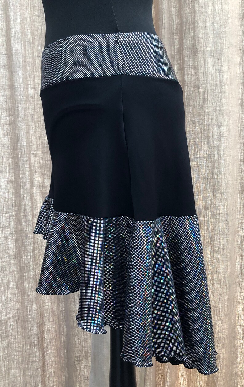 Elegant fishtail style black /& silver ice dance skirt with integral pants and hem edged in metallic thread Adult size 10