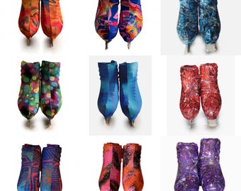 Skate boot covers to match skirts, dresses or jackets. Various sizes, colours and fabric