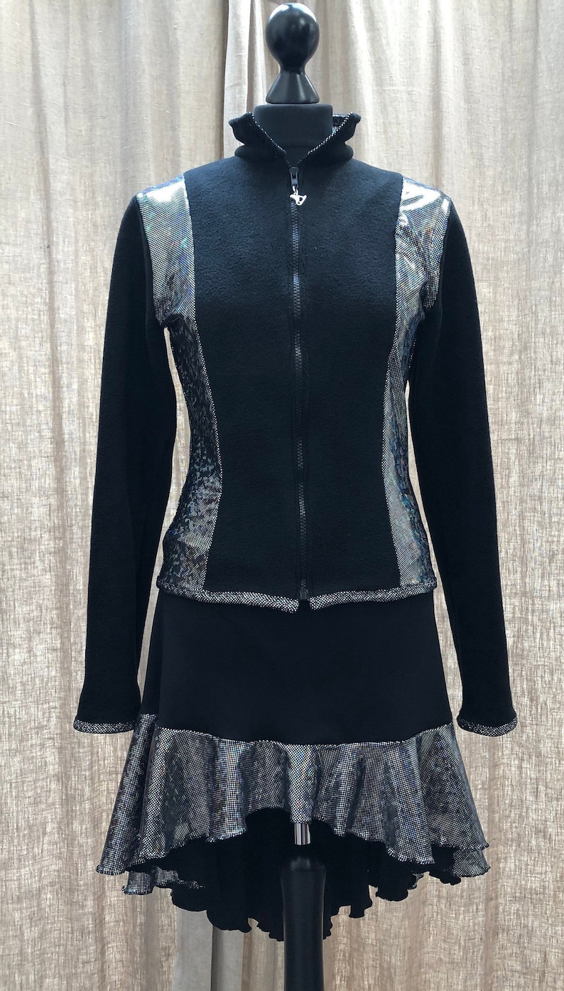 Elegant fishtail style black /& silver ice dance skirt with integral pants and hem edged in metallic thread Adult size 10