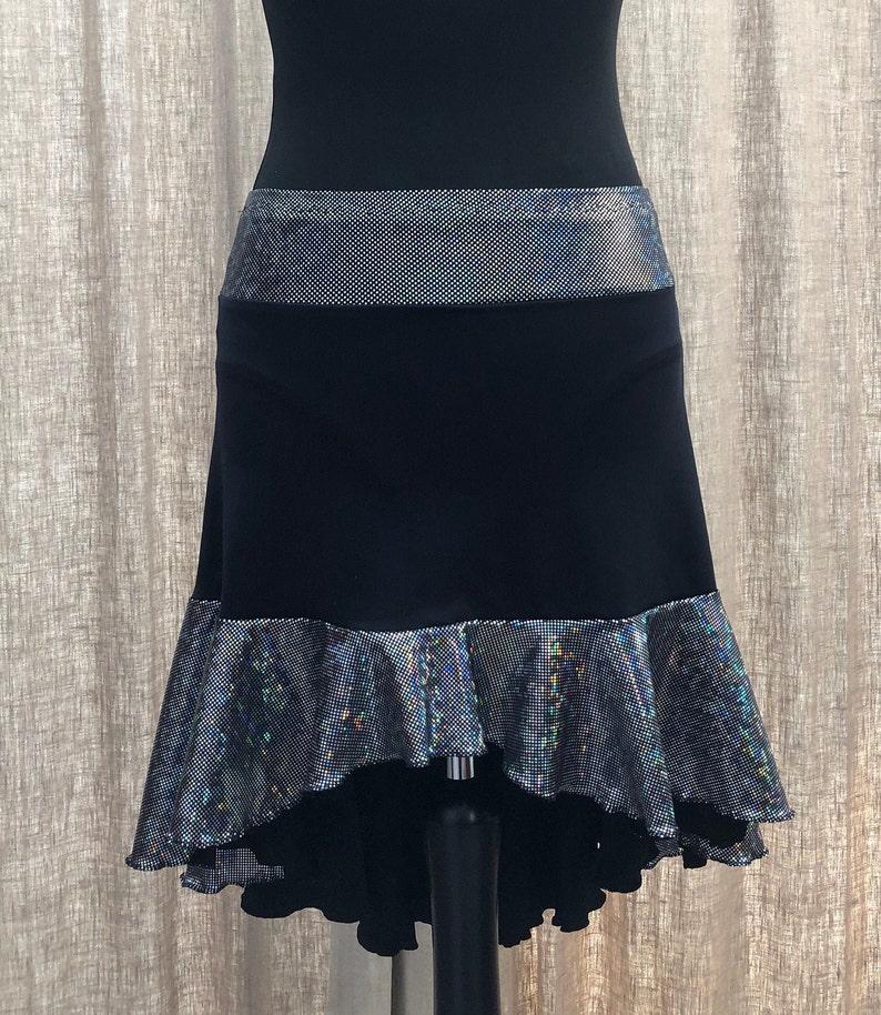 Elegant fishtail style black /& silver ice dance skirt with integral pants and hem edged in metallic thread Adult size 10