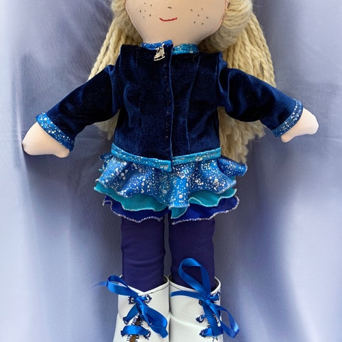 Hand made 40 cm Rag Doll dressed to ice outlet skate with leotard, leggings, skirt, Jacket & ice skates.