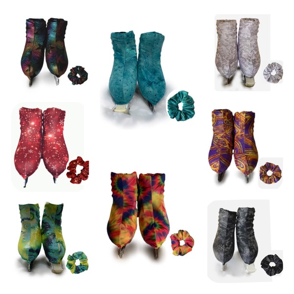 Lycra skate boot covers with matching scrunchie in a variety of patterns and colours.  Available in 3 sizes will fit roller or ice  skates