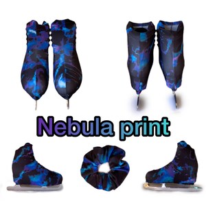 May include: A set of black, blue, and purple ice skate covers with a nebula print. The covers are shown in different configurations, including a pair of covers, a single cover, and a cover on a skate. The text "Nebula print" is also shown in the image.