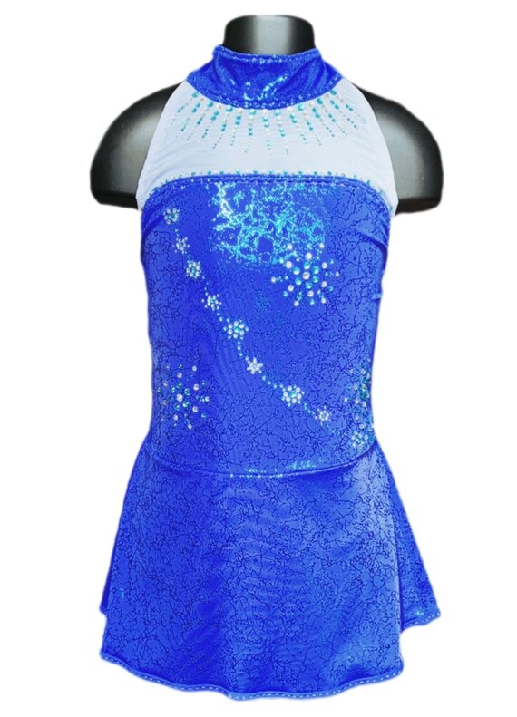 Electric Blue Halter Skating Dress: Rhinestone Star Embroidery, Child Size 8-10
