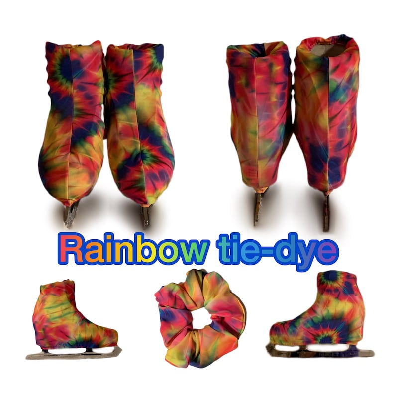 May include: Rainbow tie-dye ice skate covers and a hair scrunchie. The covers are made of a stretchy fabric and have a colorful tie-dye pattern. The scrunchie is also made of a stretchy fabric and has a colorful tie-dye pattern.